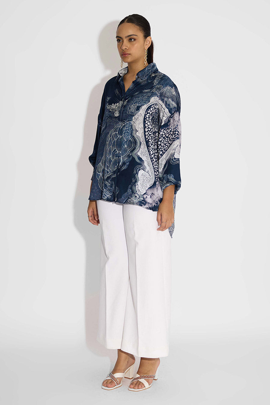 Blue Printed High-Low Shirt