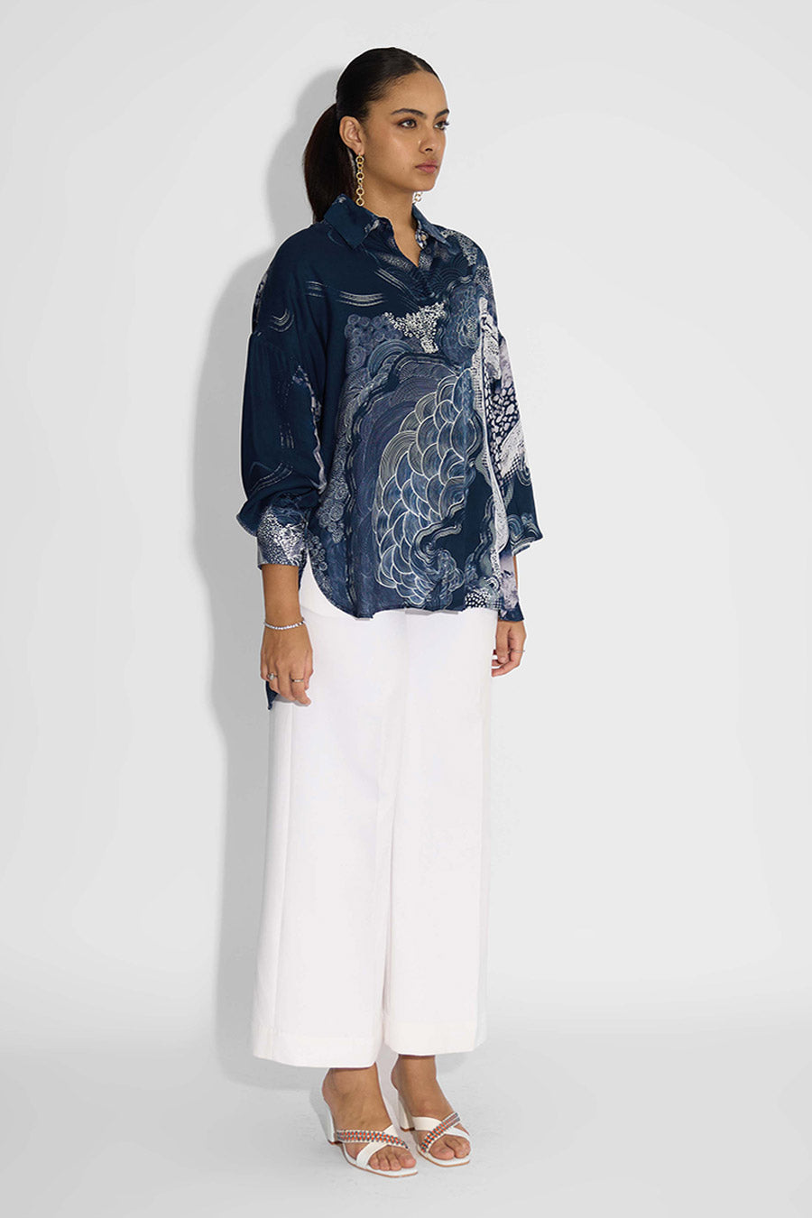 Blue Printed High-Low Shirt