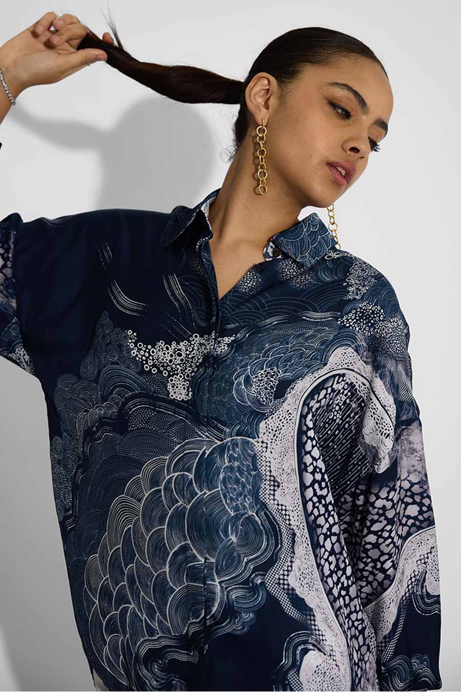 Blue Printed High-Low Shirt