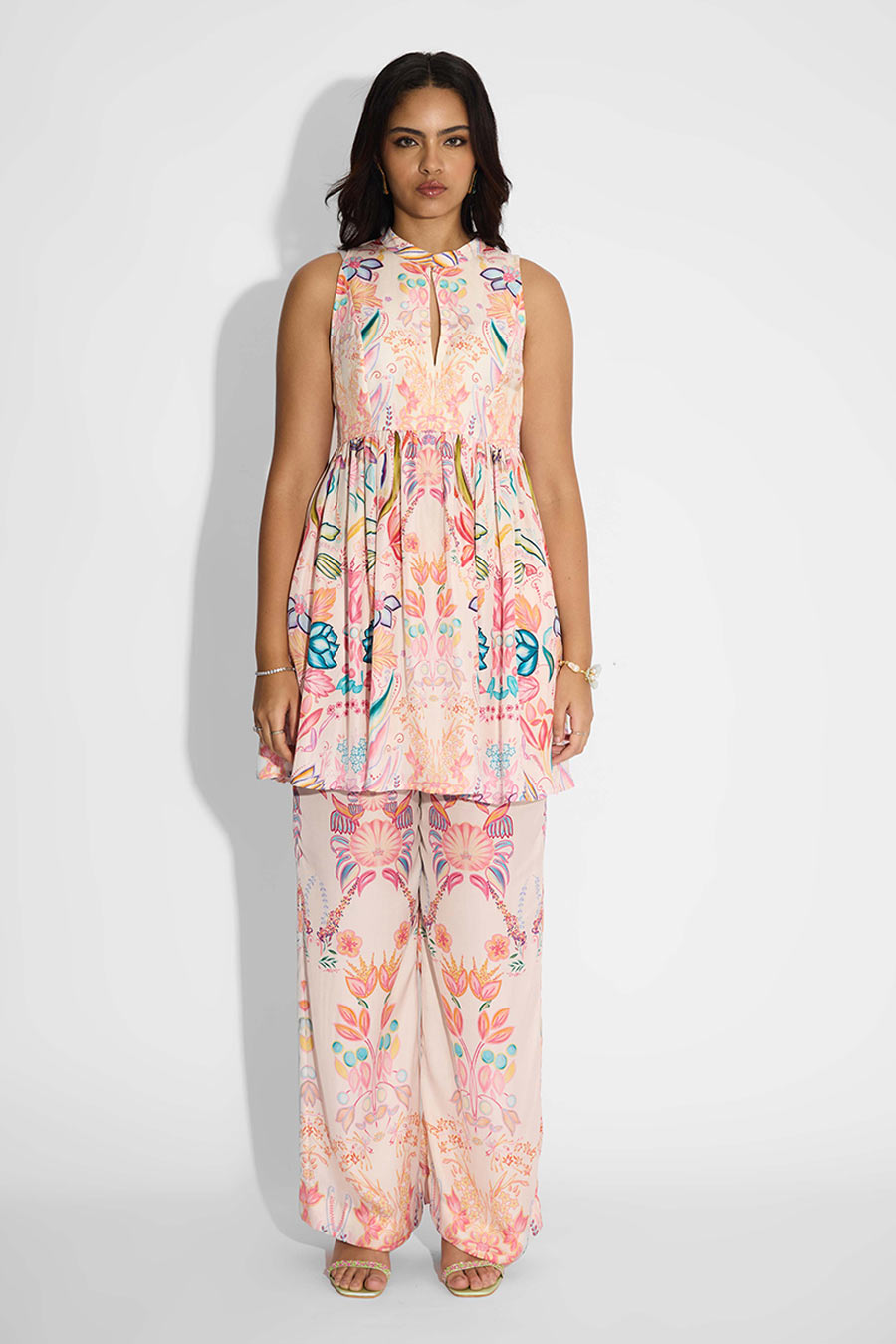 Pink Floral Printed Peplum Top & Pant Co-Ord Set