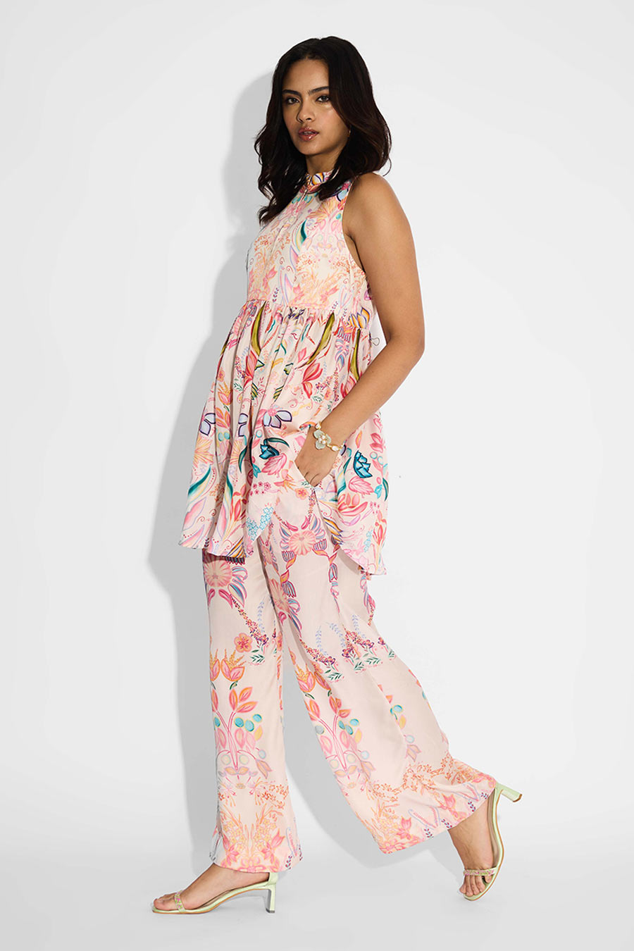 Pink Floral Printed Peplum Top & Pant Co-Ord Set
