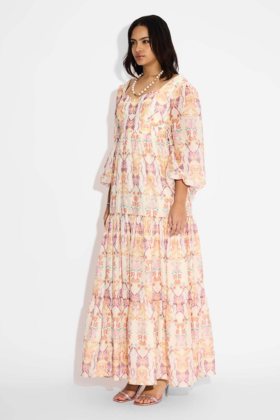 Ivory Floral Printed Tiered Long Dress