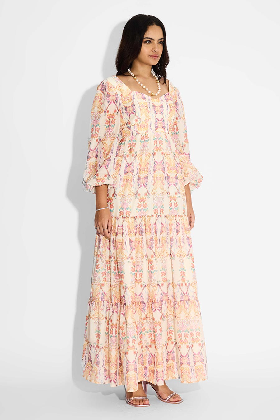 Ivory Floral Printed Tiered Long Dress