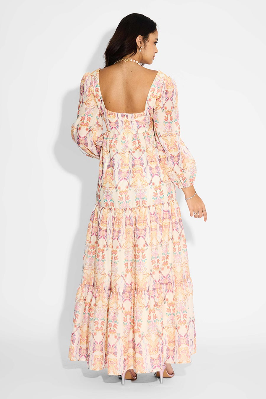 Ivory Floral Printed Tiered Long Dress