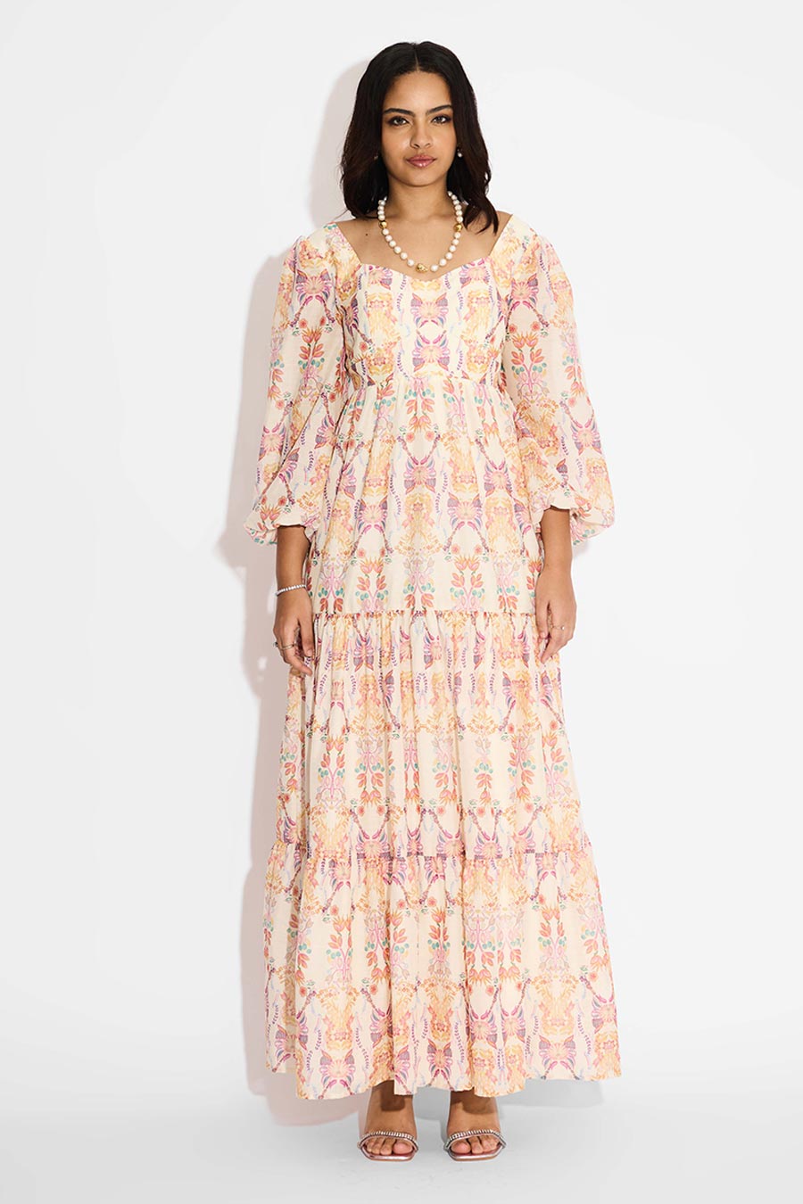 Ivory Floral Printed Tiered Long Dress