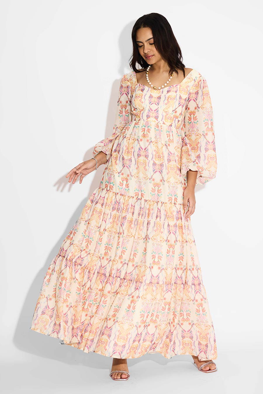 Ivory Floral Printed Tiered Long Dress
