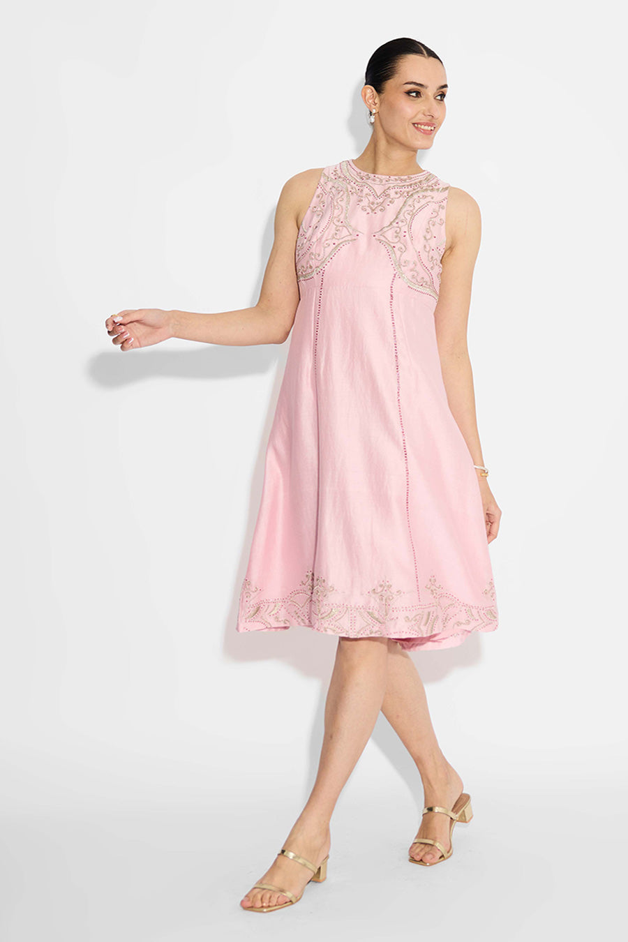 Pink Embellished Flared Dress