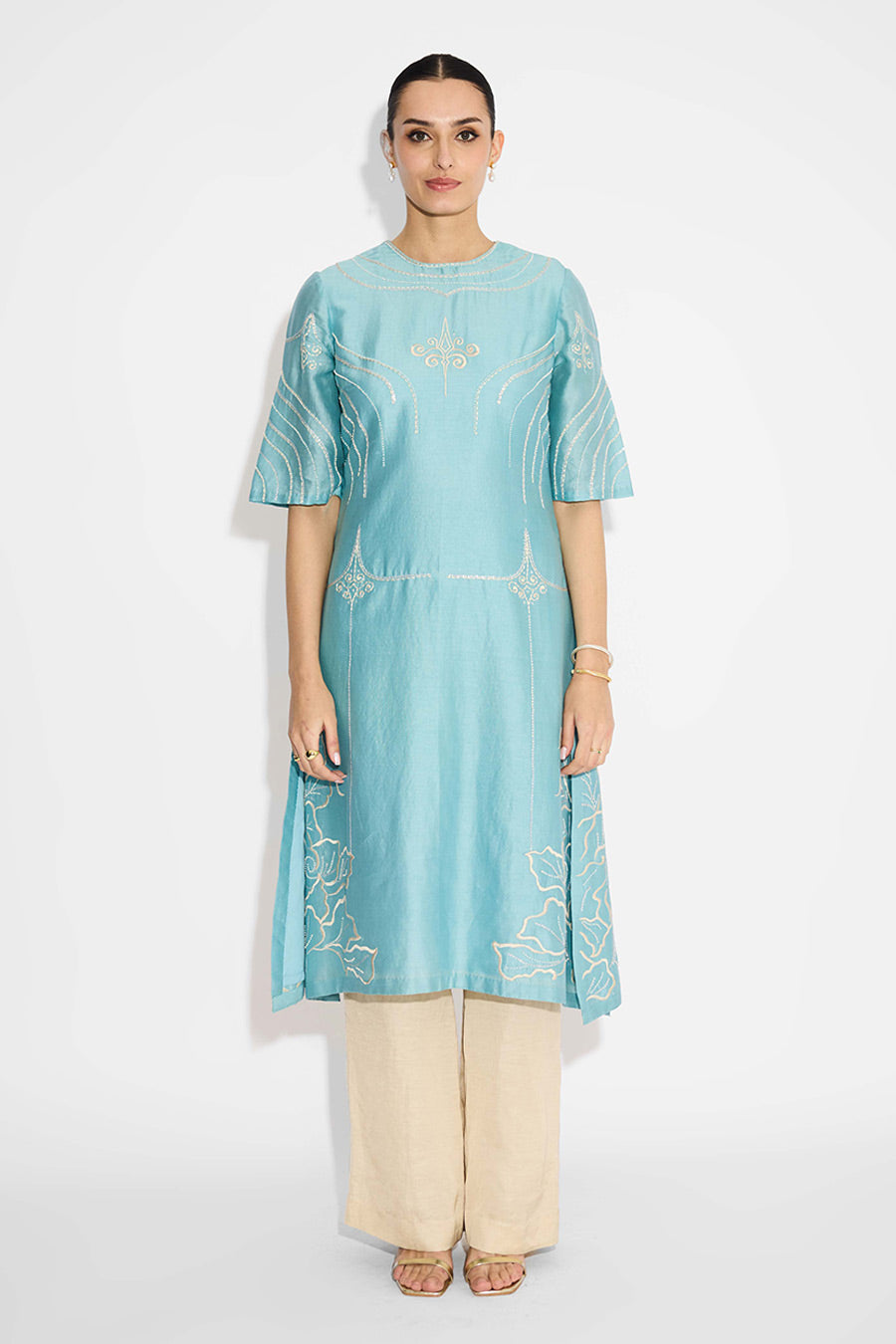 Aqua Blue Embellished Flared Kurta