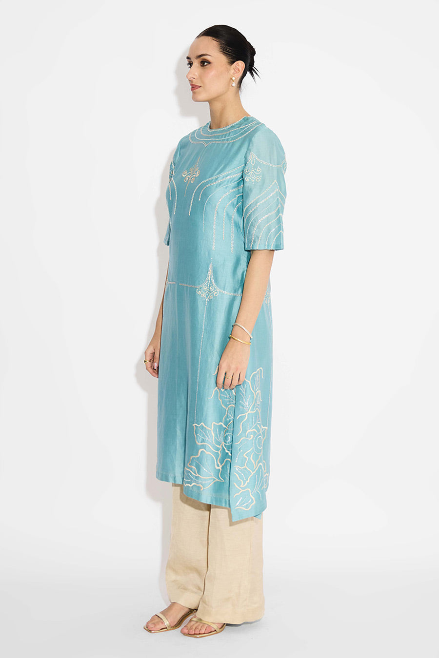 Aqua Blue Embellished Flared Kurta