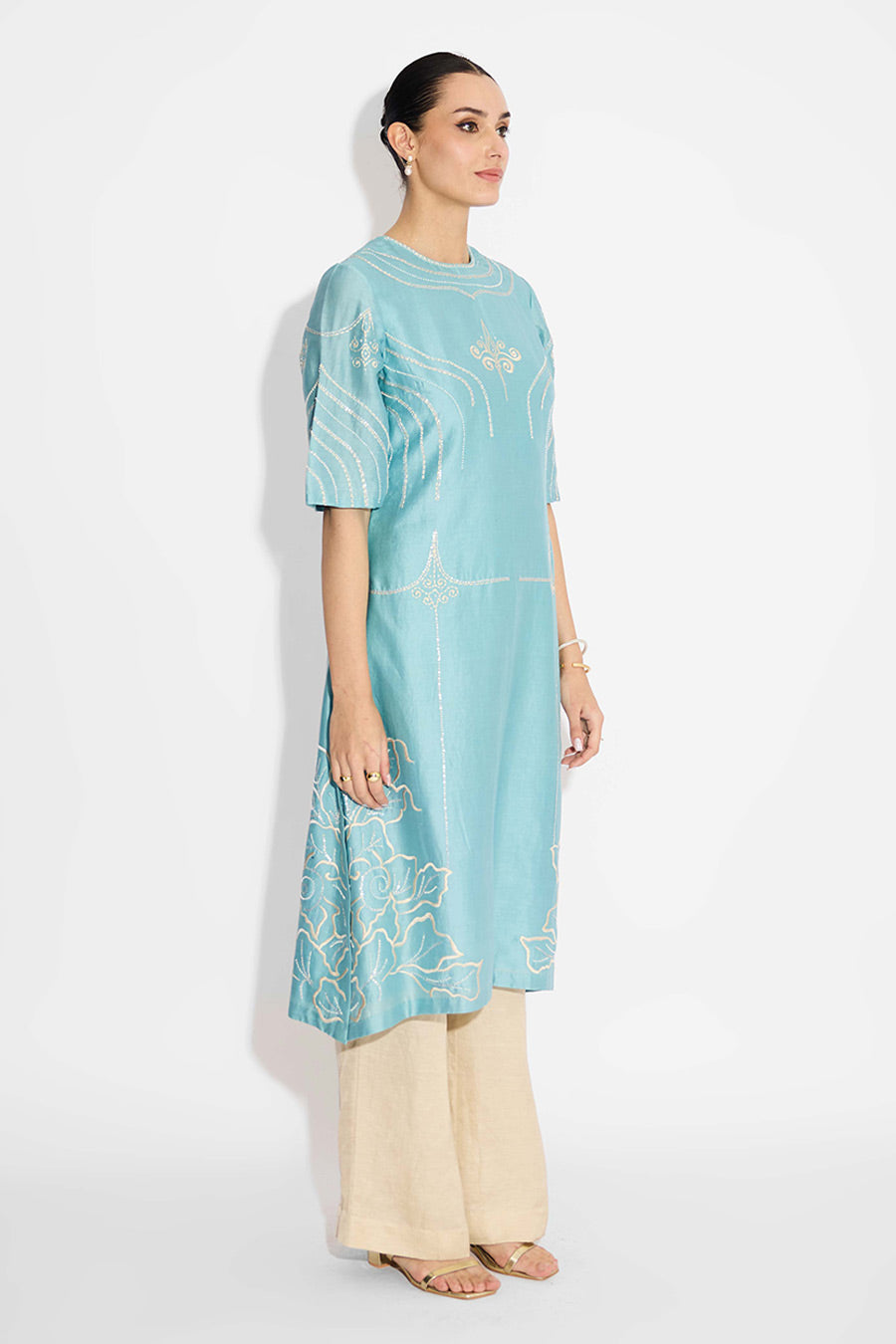 Aqua Blue Embellished Flared Kurta