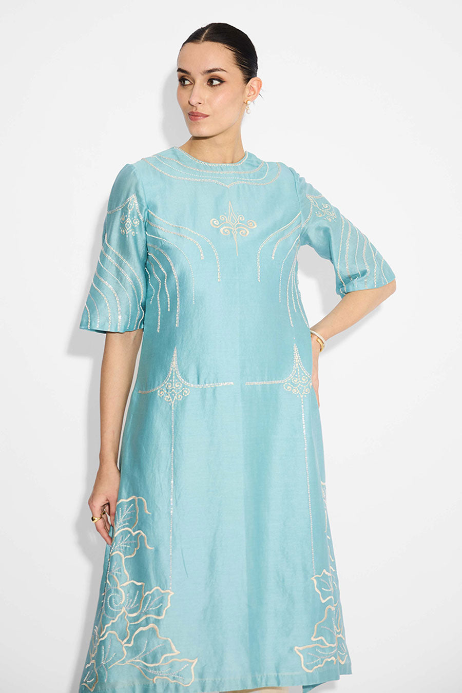 Aqua Blue Embellished Flared Kurta