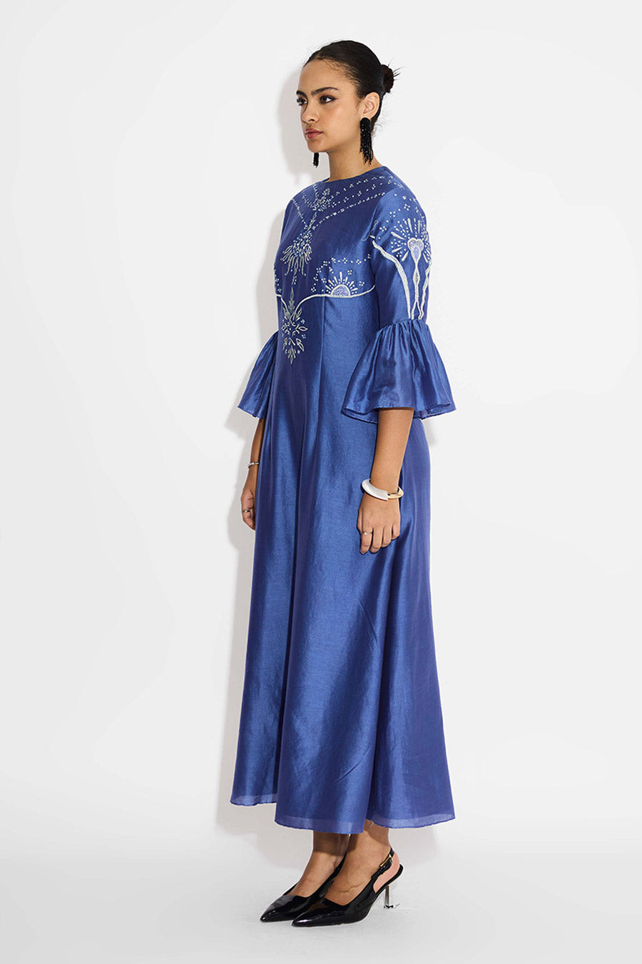 Indigo Embellished Peplum Sleeves Dress