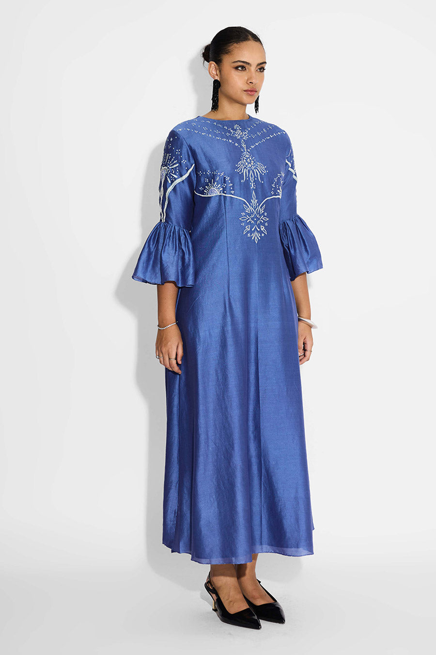 Indigo Embellished Peplum Sleeves Dress