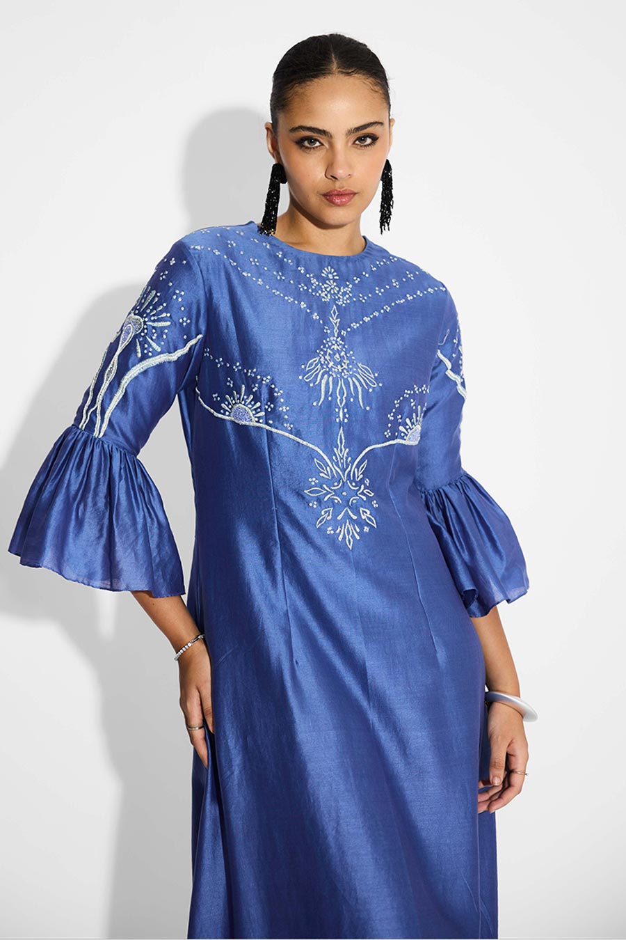 Indigo Embellished Peplum Sleeves Dress