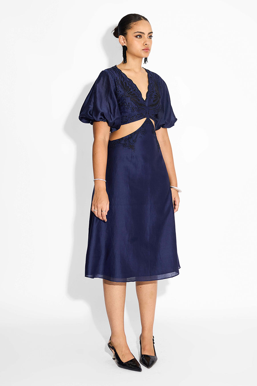 Navy Blue Embellished Cut-Out Dress
