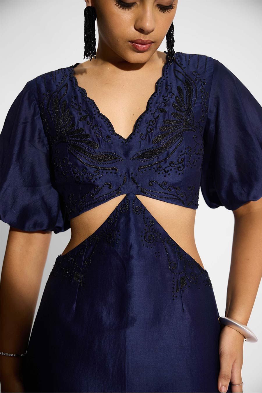 Navy Blue Embellished Cut-Out Dress