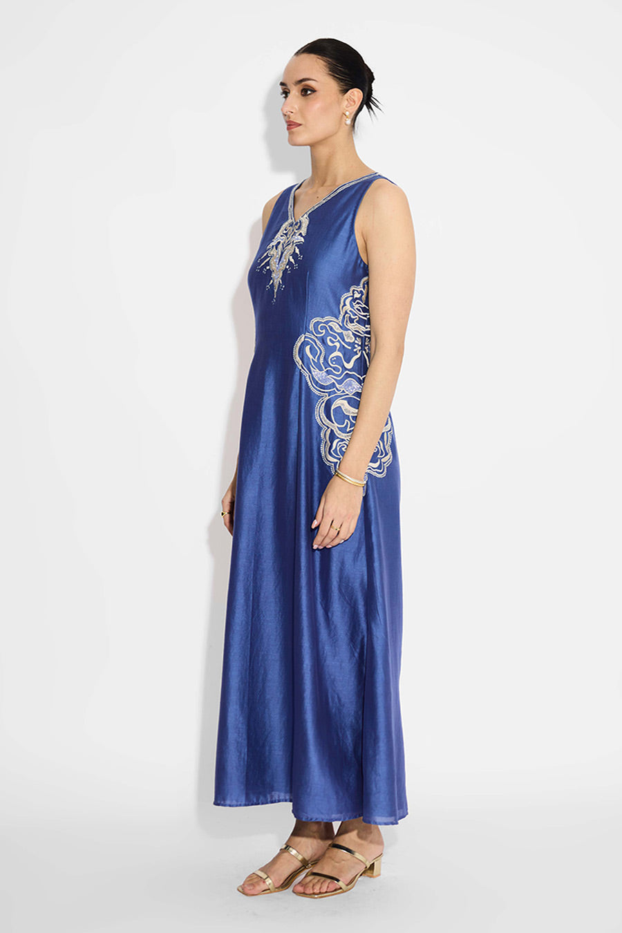 Indigo Embellished Long Flared Dress