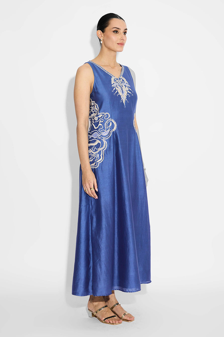 Indigo Embellished Long Flared Dress