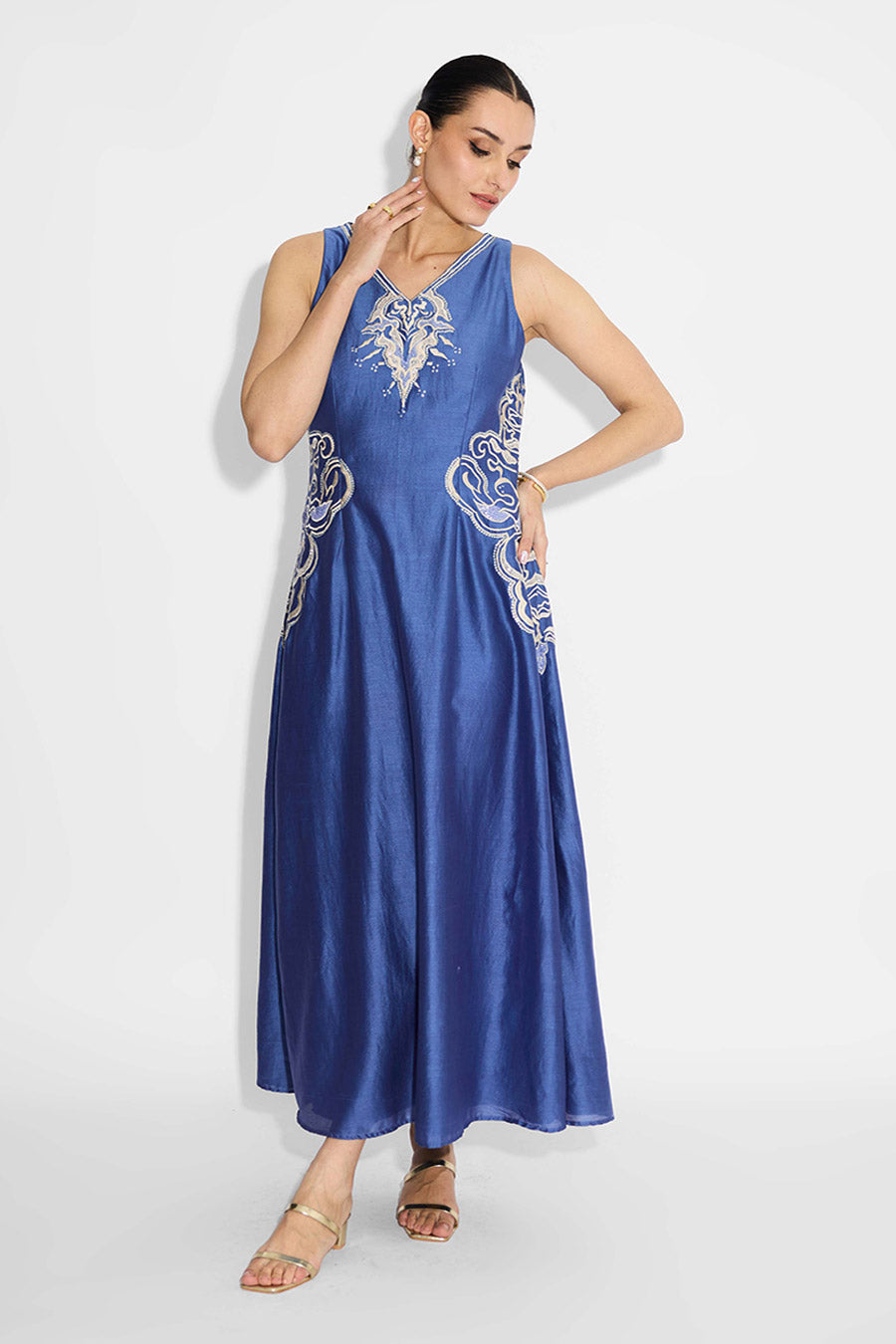 Indigo Embellished Long Flared Dress