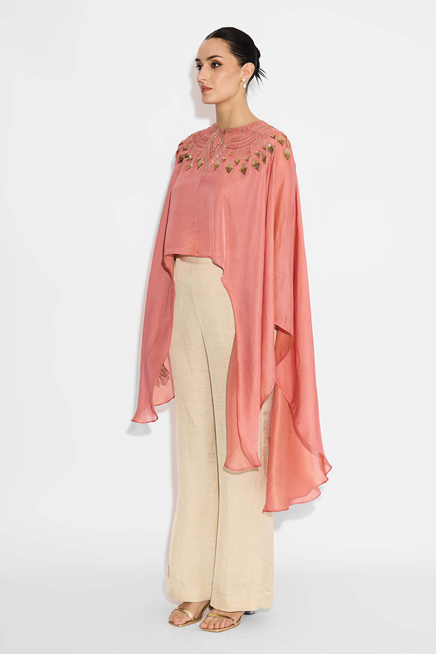 Peach Embellished Asymmetric Cape