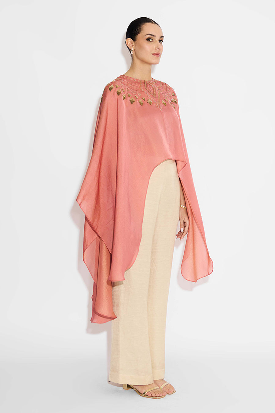 Peach Embellished Asymmetric Cape