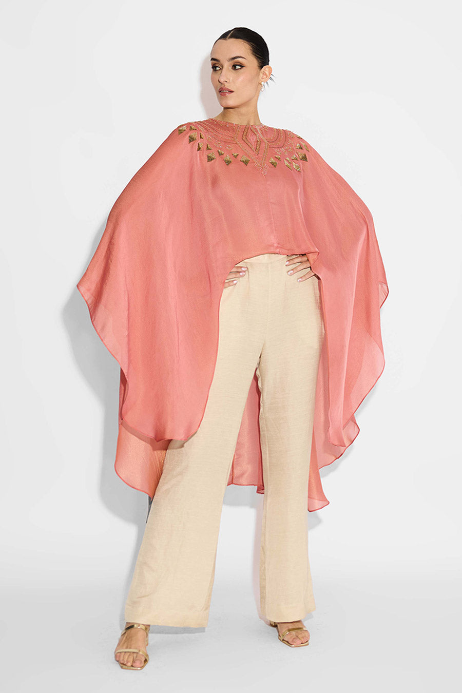 Peach Embellished Asymmetric Cape