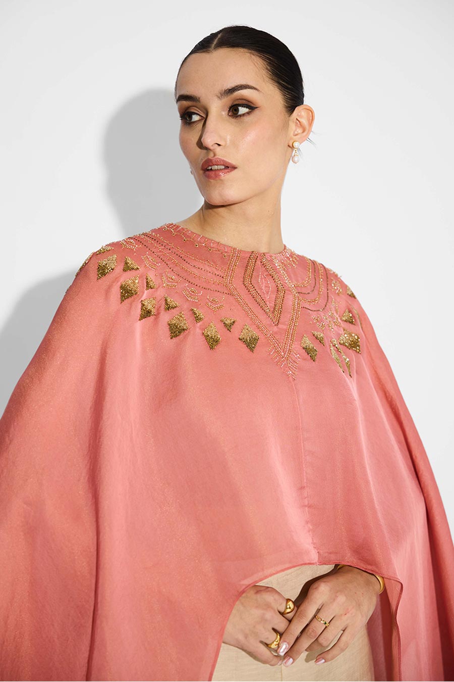 Peach Embellished Asymmetric Cape