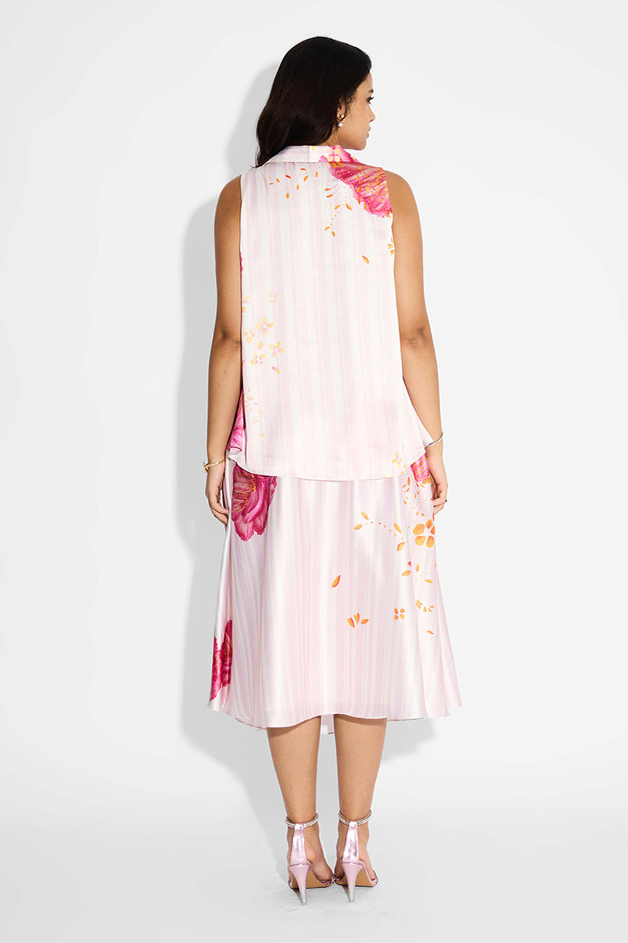 Ivory Floral Striped Gathered Skirt