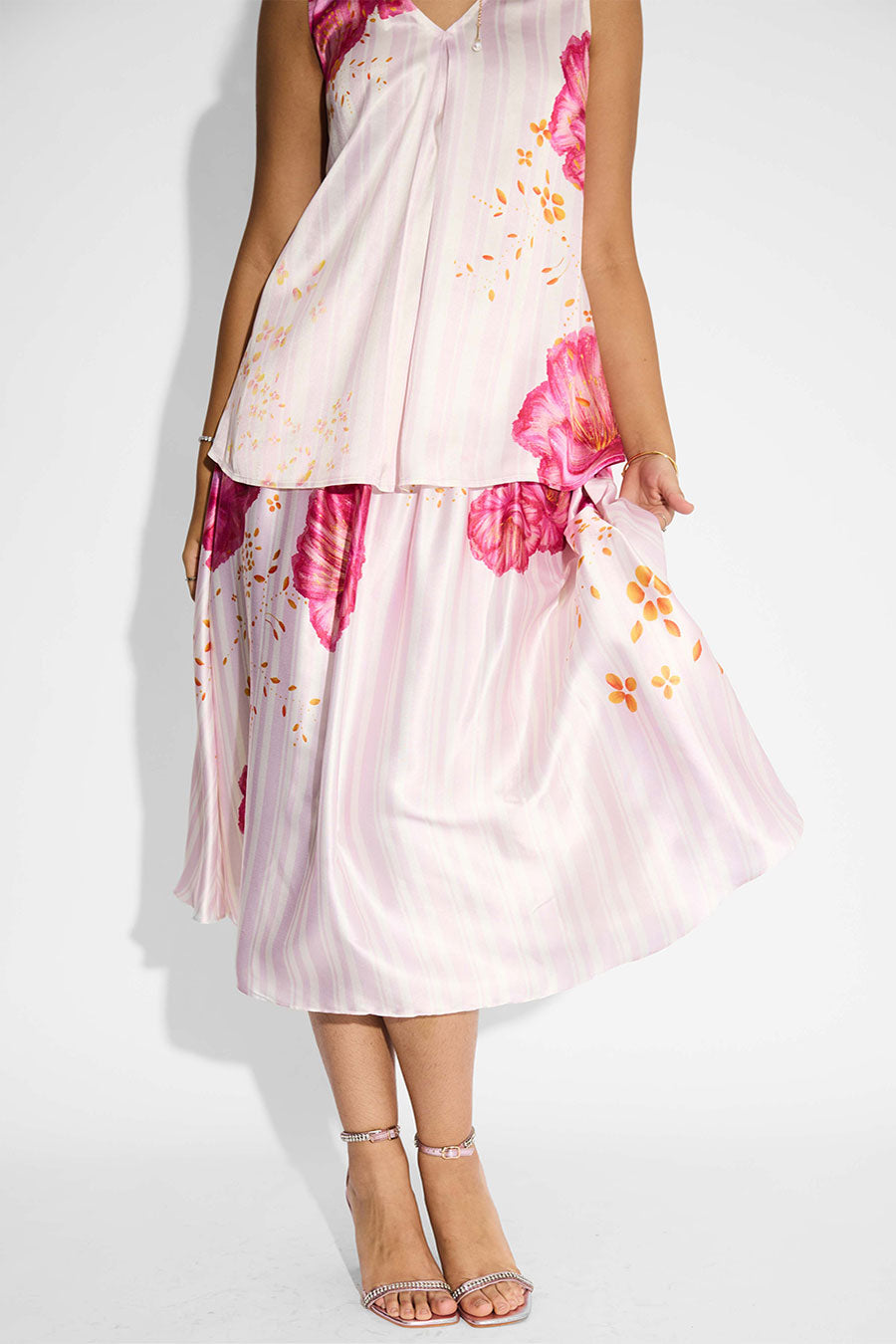 Ivory Floral Striped Gathered Skirt