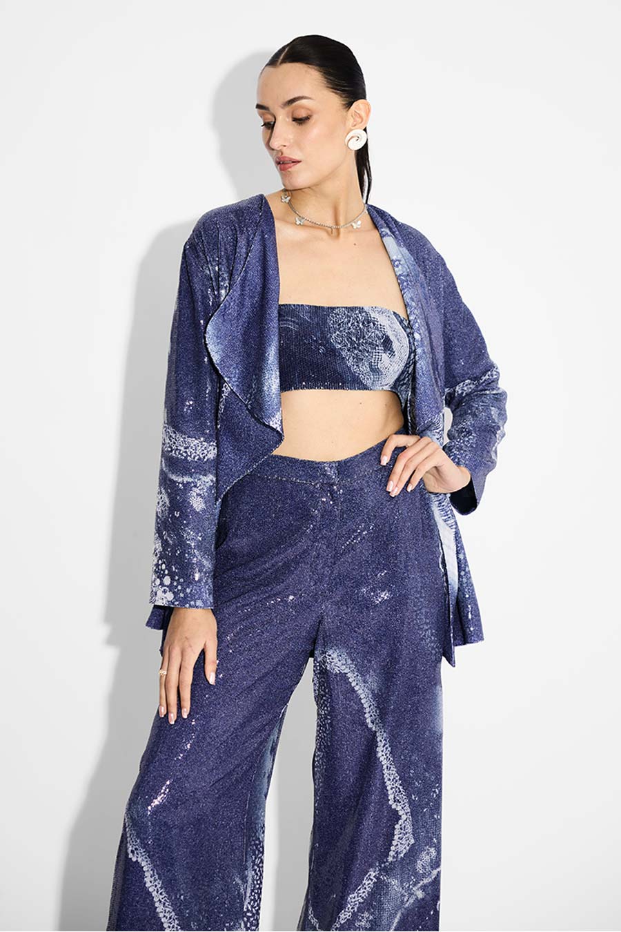 Blue Printed Sequin Tube Top