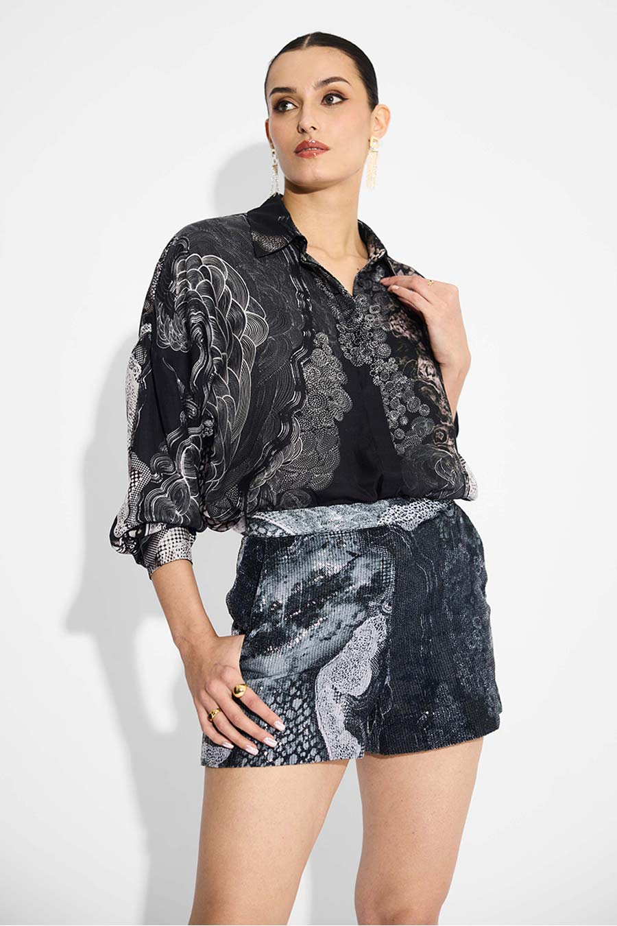 Black Printed Sequin Shorts