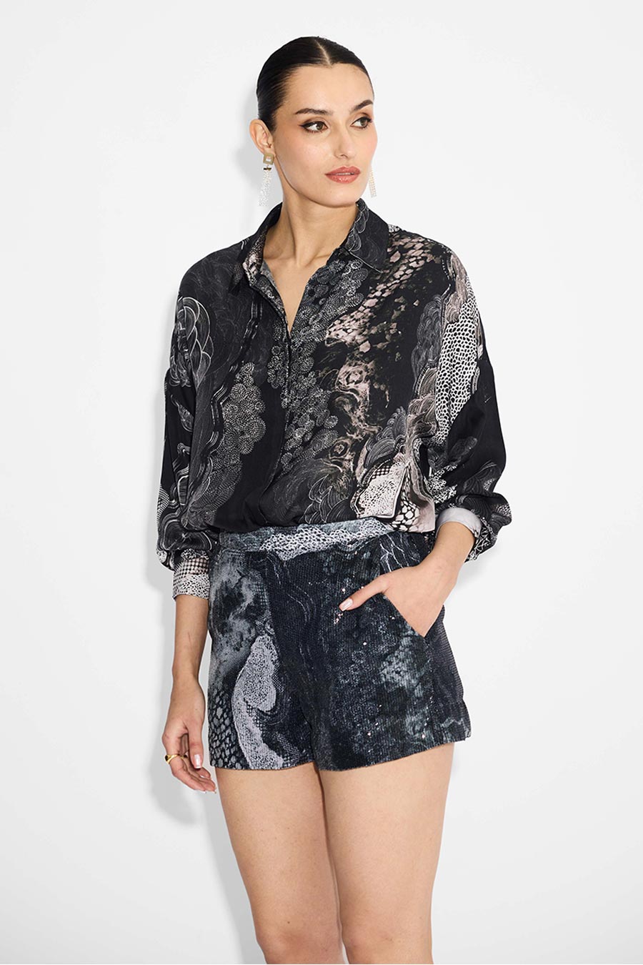 Black Printed Sequin Shorts