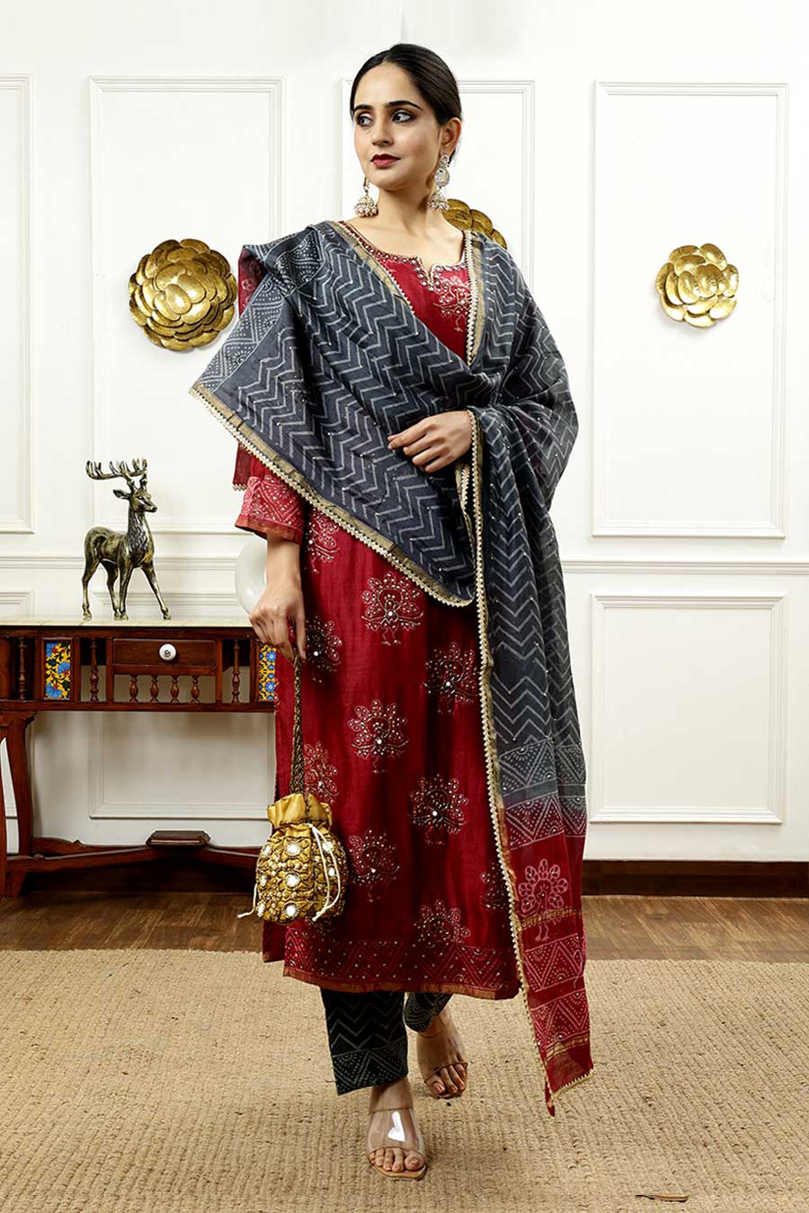 Burgundy & Grey Printed Kurta Set