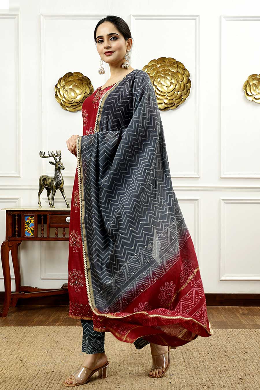 Burgundy & Grey Printed Kurta Set