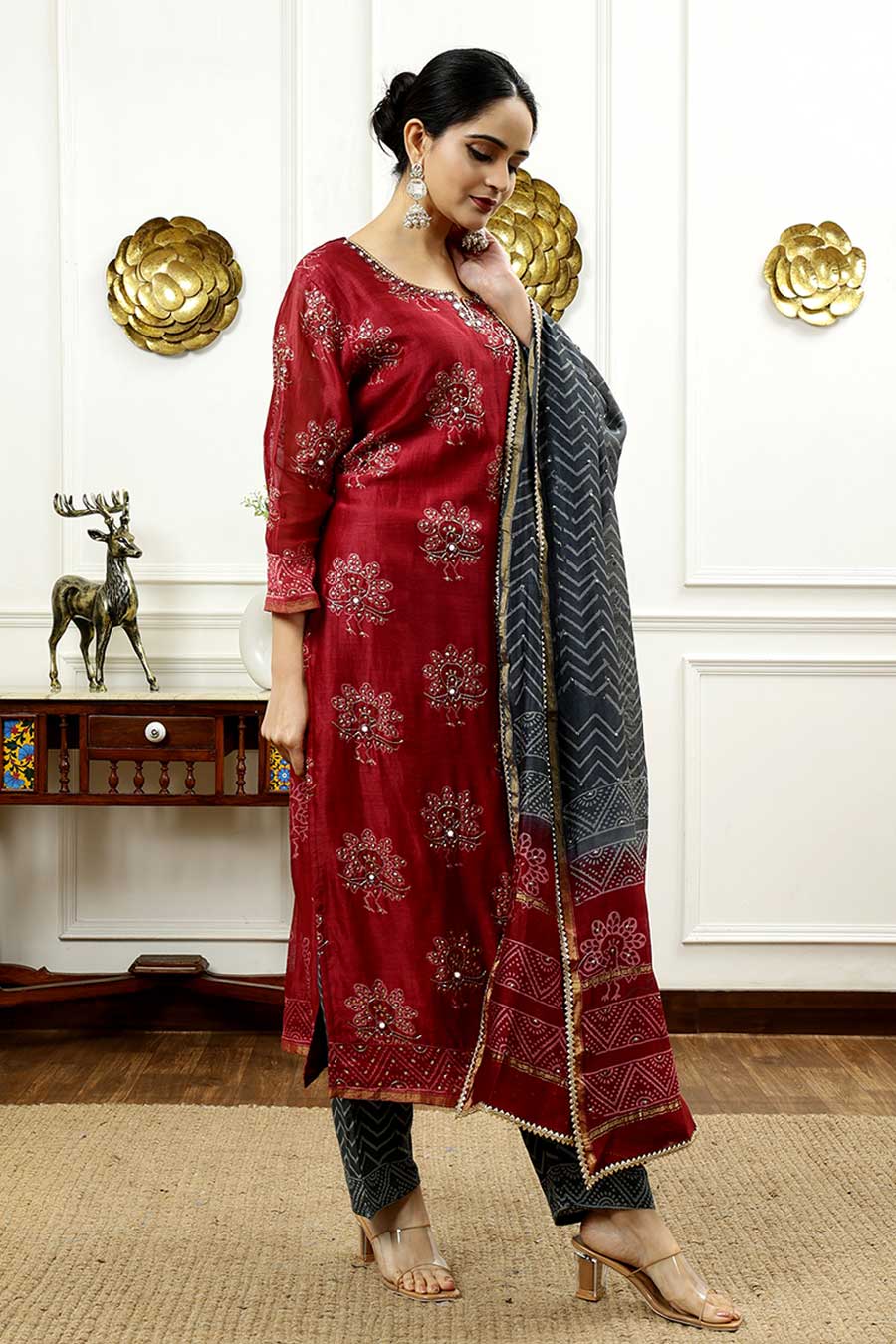 Burgundy & Grey Printed Kurta Set