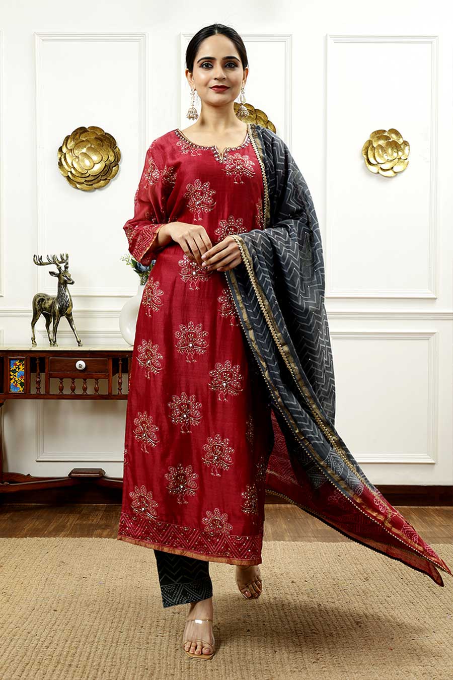 Burgundy & Grey Printed Kurta Set