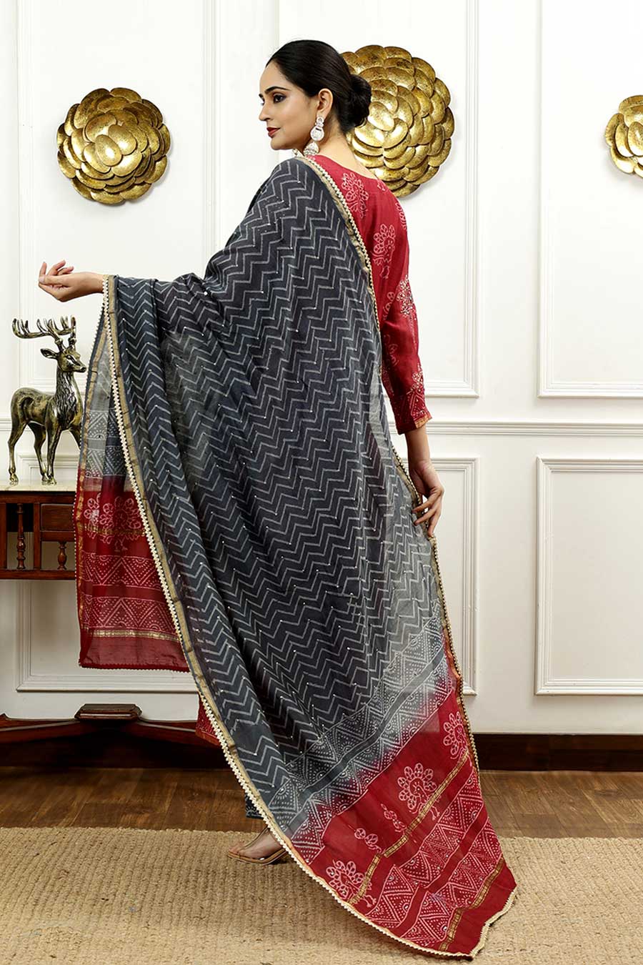 Burgundy & Grey Printed Kurta Set