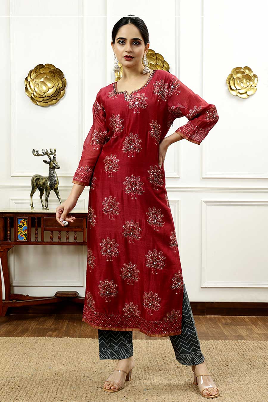 Burgundy & Grey Printed Kurta Set