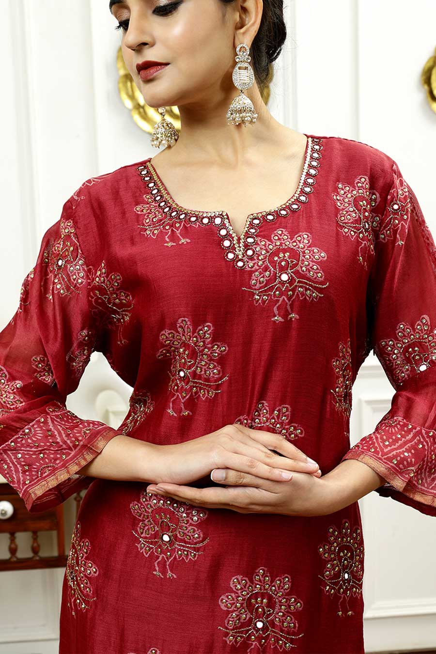 Burgundy & Grey Printed Kurta Set