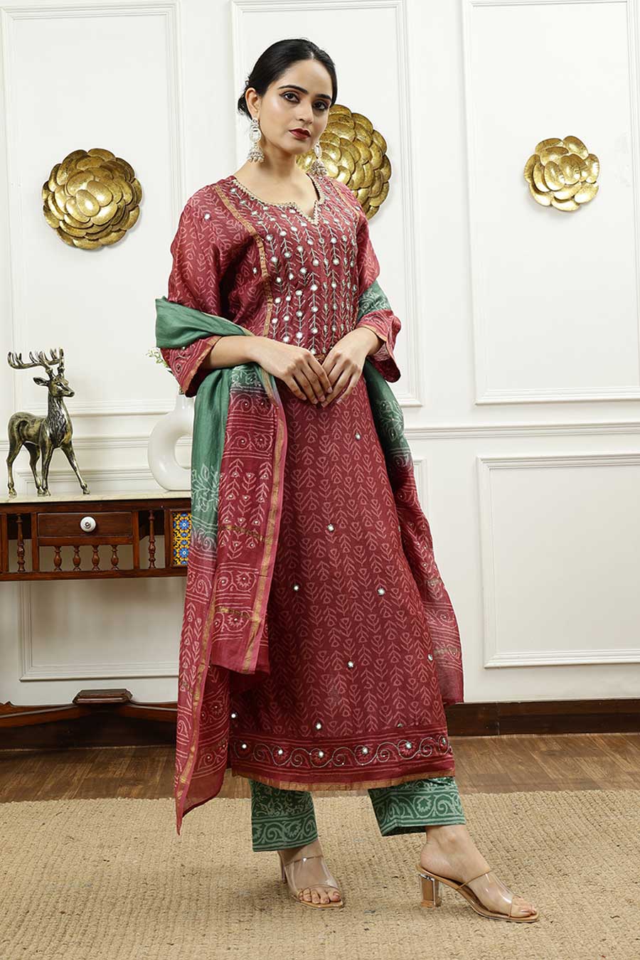 Burgundy & Aqua Green Printed Kurta Set