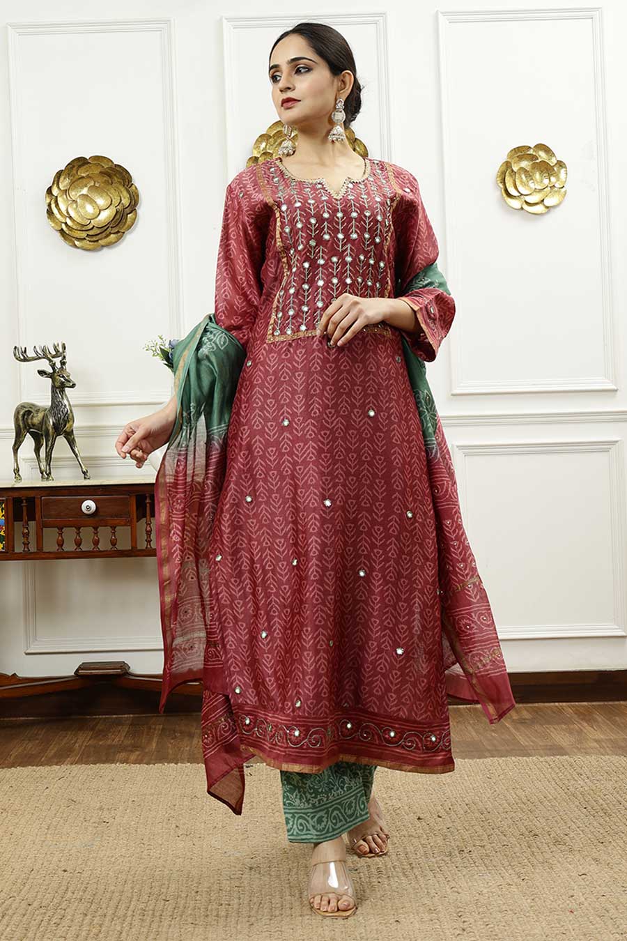 Burgundy & Aqua Green Printed Kurta Set