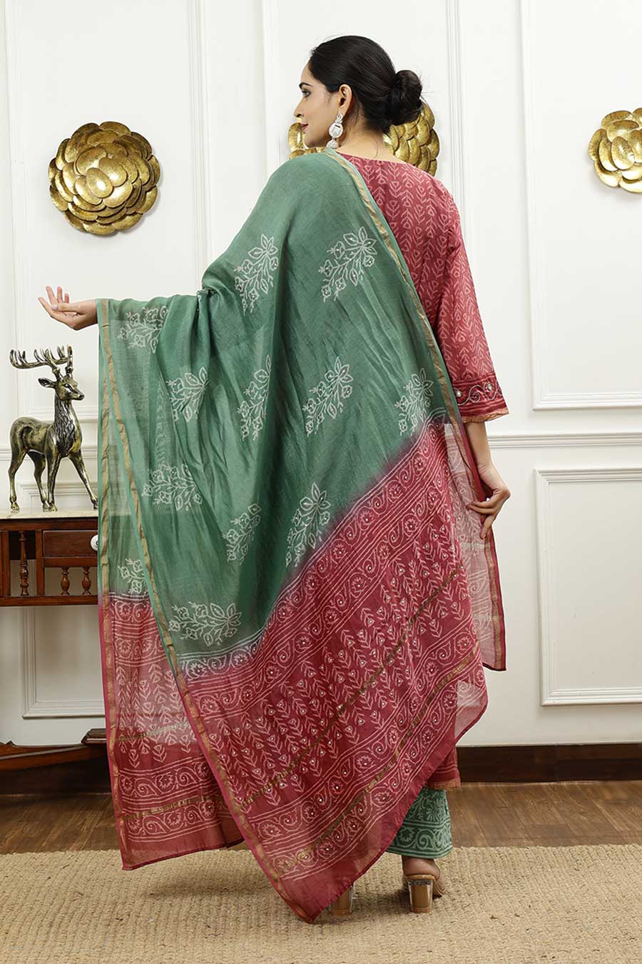 Burgundy & Aqua Green Printed Kurta Set