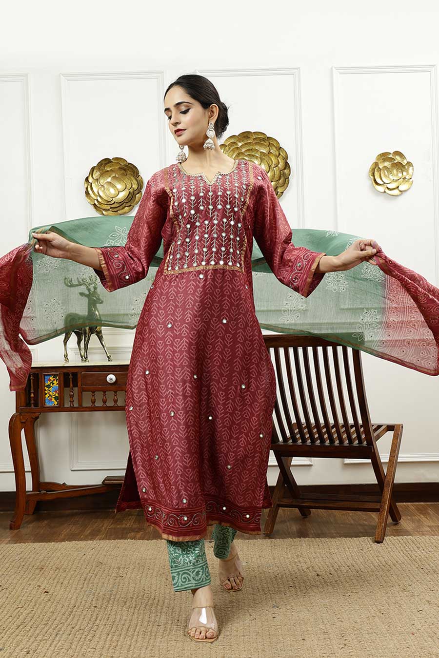Burgundy & Aqua Green Printed Kurta Set