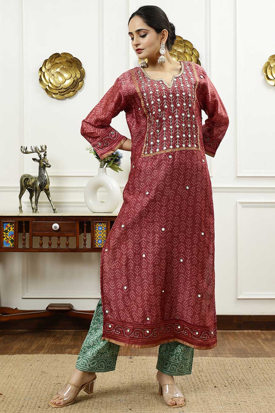 Burgundy & Aqua Green Printed Kurta Set
