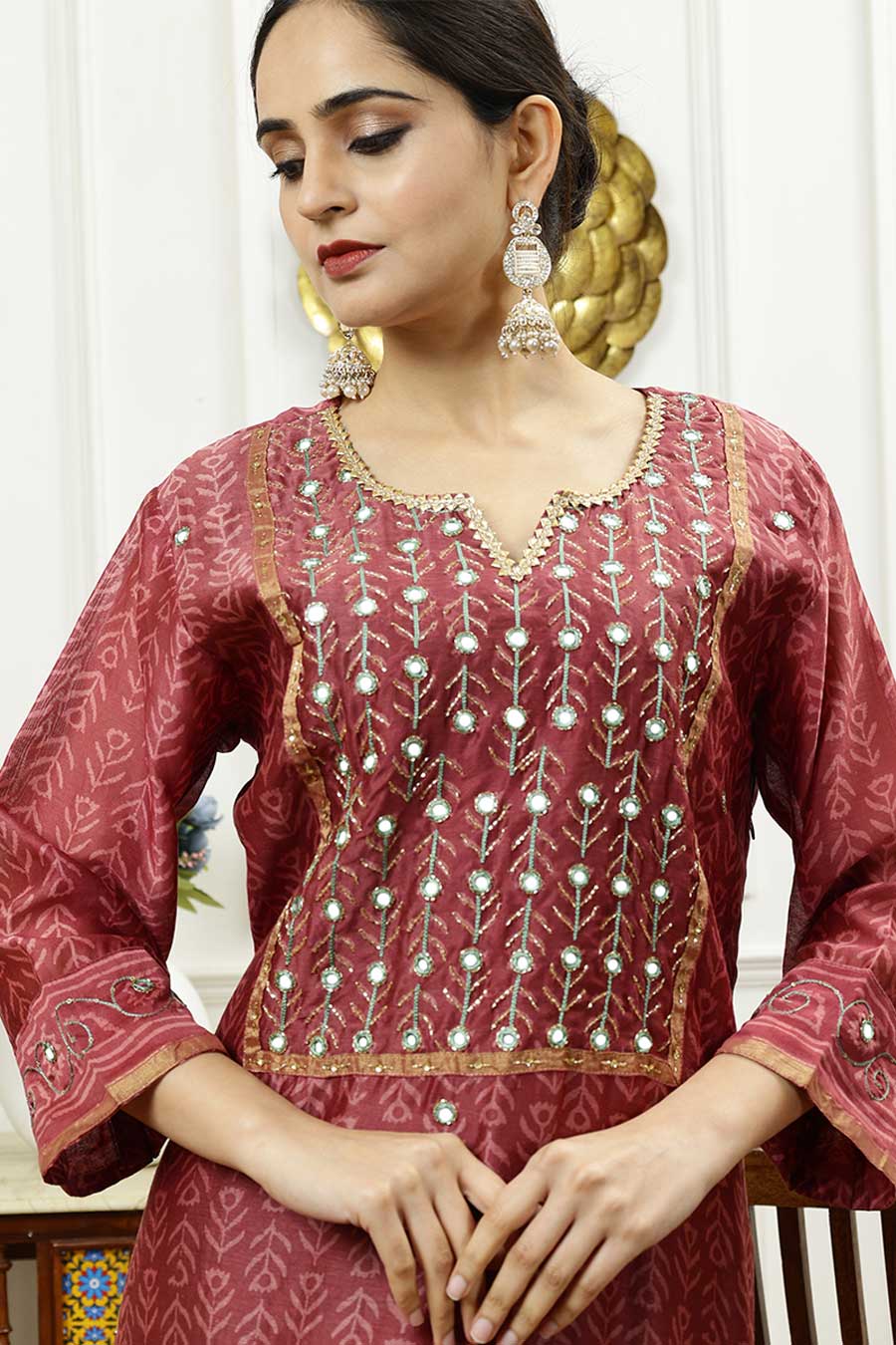 Burgundy & Aqua Green Printed Kurta Set