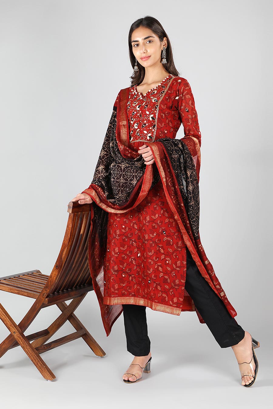 Brick Red & Midnight Black Printed Kurta Set