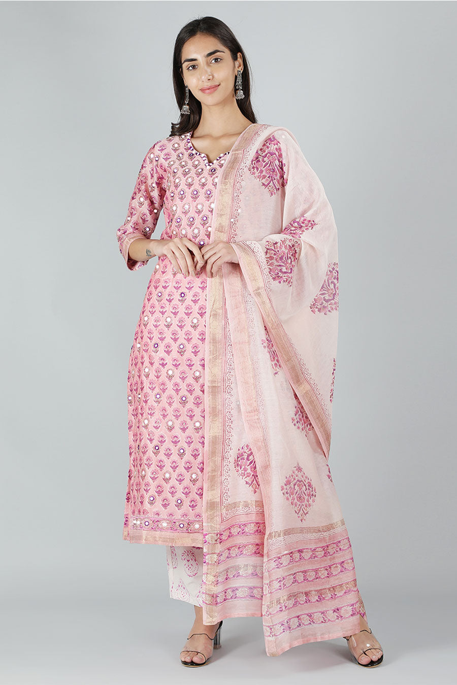 Pink Mirror Embroidered Printed Kurta Set