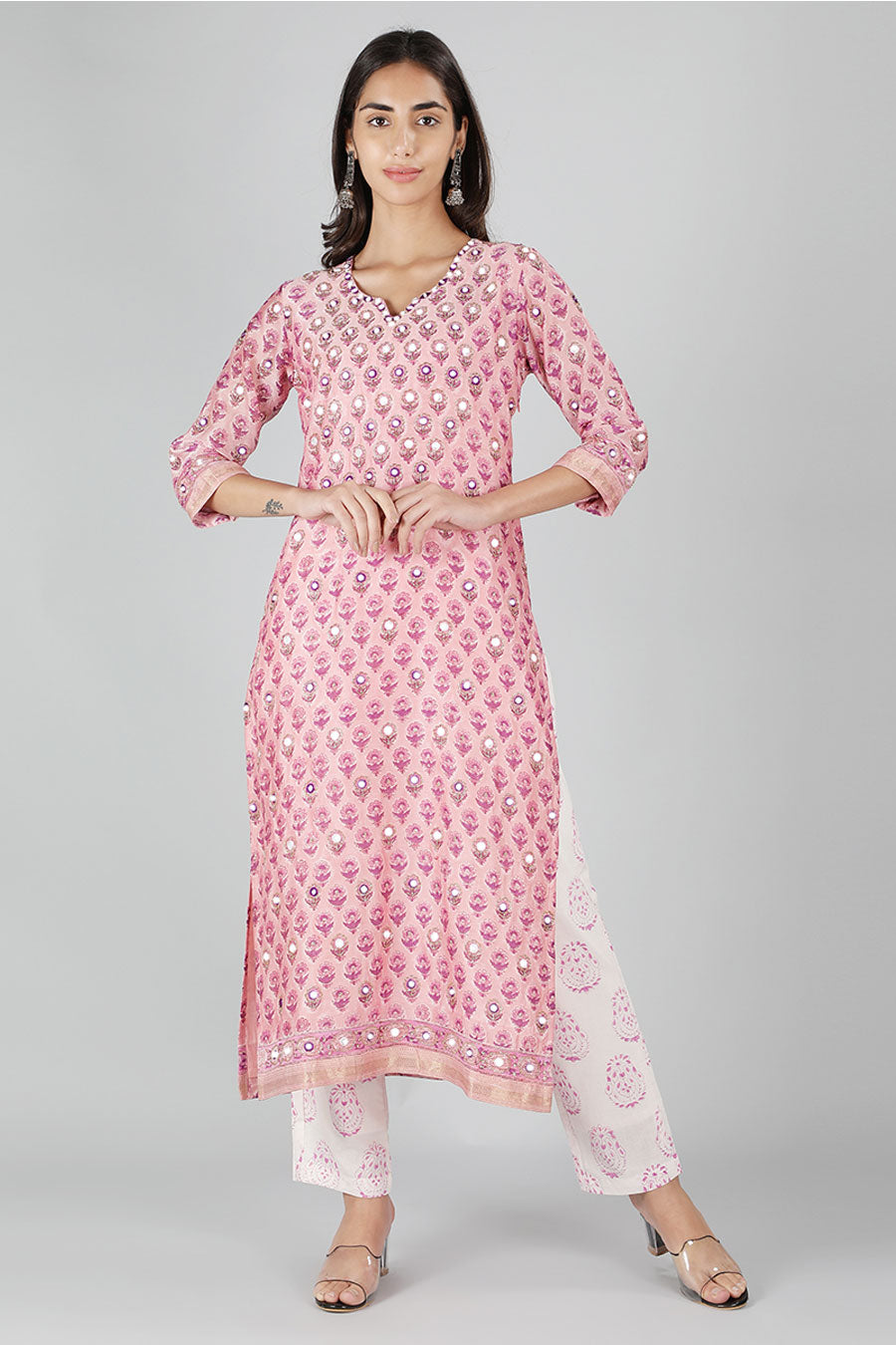 Pink Mirror Embroidered Printed Kurta Set