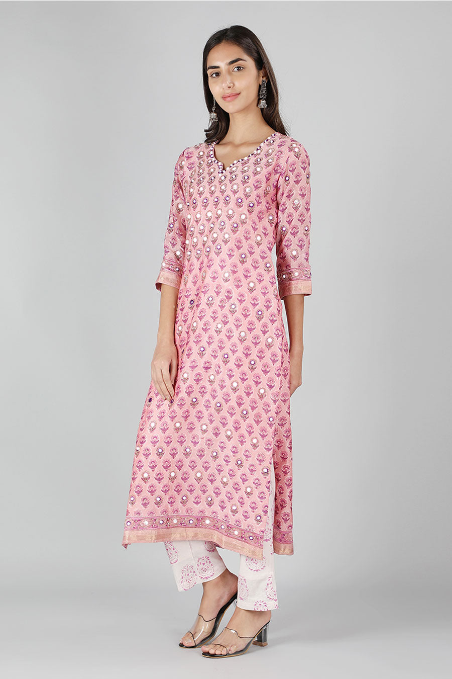 Pink Mirror Embroidered Printed Kurta Set