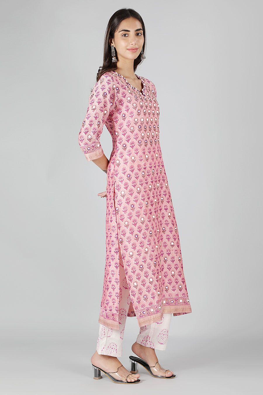 Pink Mirror Embroidered Printed Kurta Set